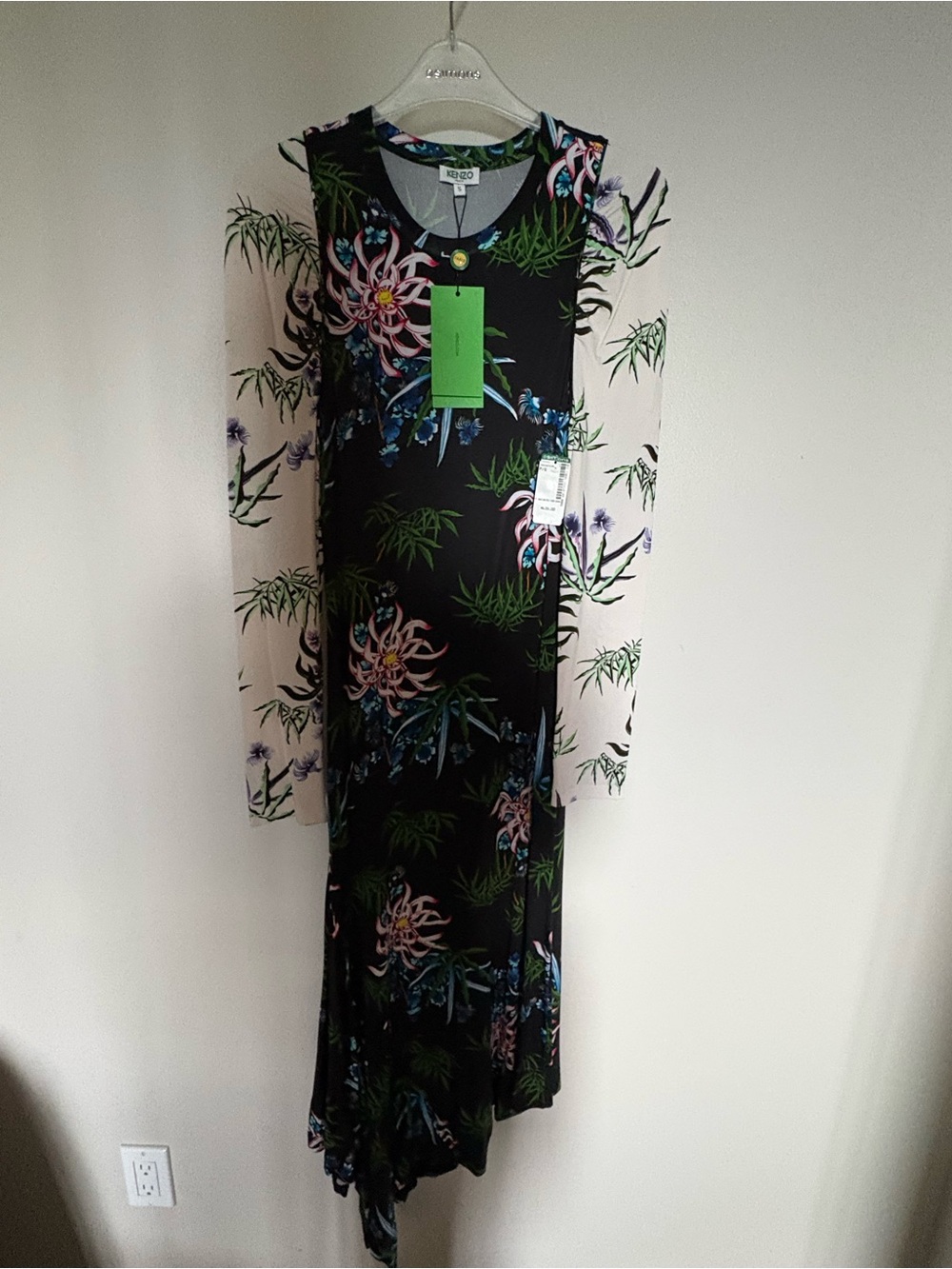 Kenzo brand new with tags -Black Floral Long Sleeve Midi Dress with Pink & Green